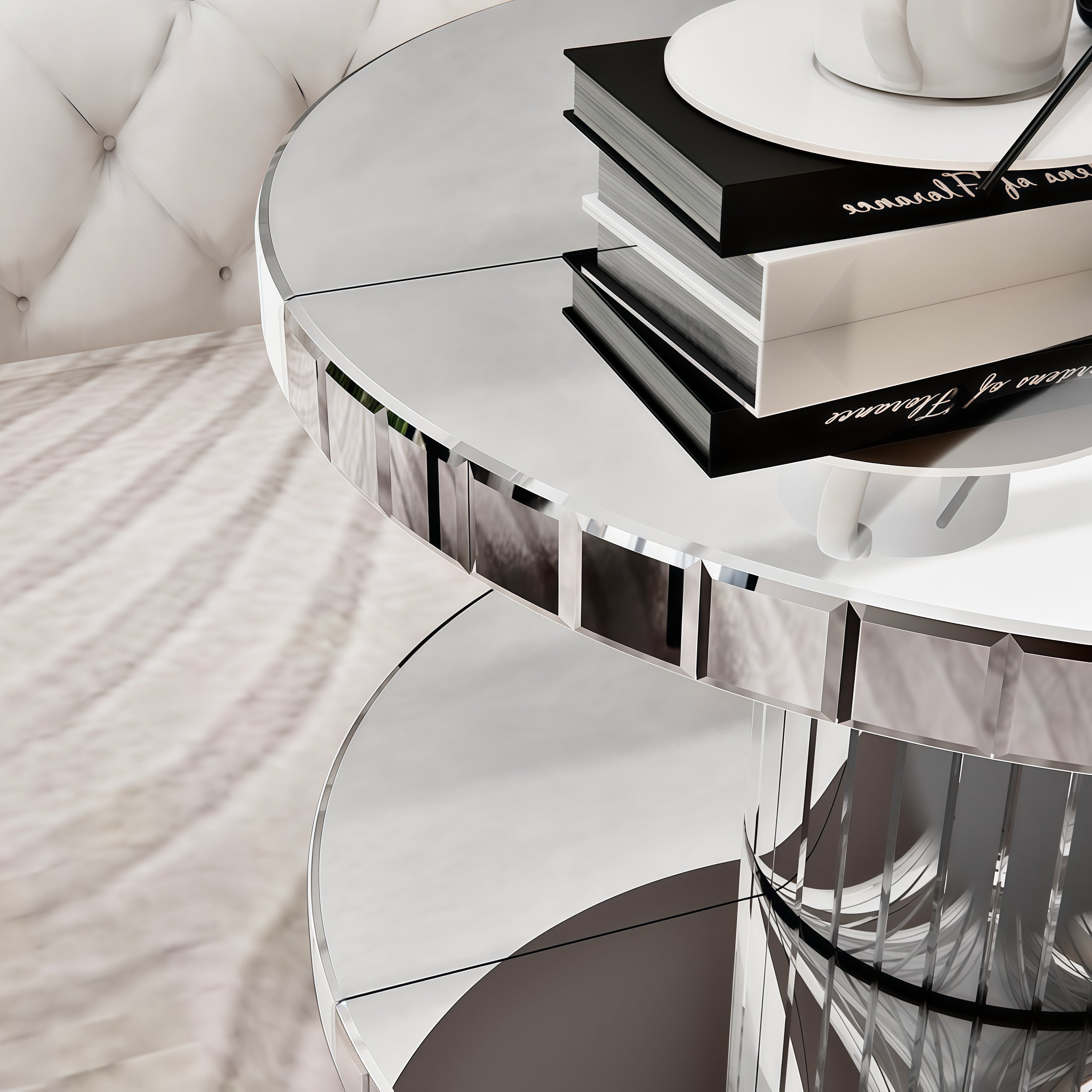 Luxury Double-Tier Round Mirror Coffee & End Table with Fluted Glass -