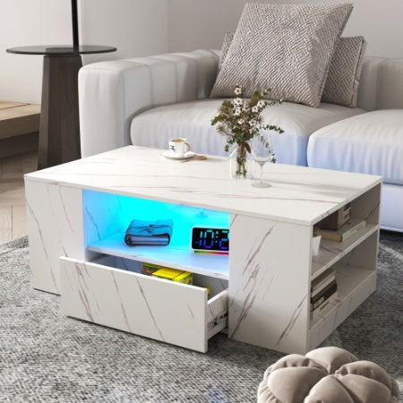Modern Coffee Tables For Living Room, LED Coffee Table, Storage Coffee Table, Small Coffee Table, Wood Center Table With 2 Drawers And Open Side Shelf CJDropshipping