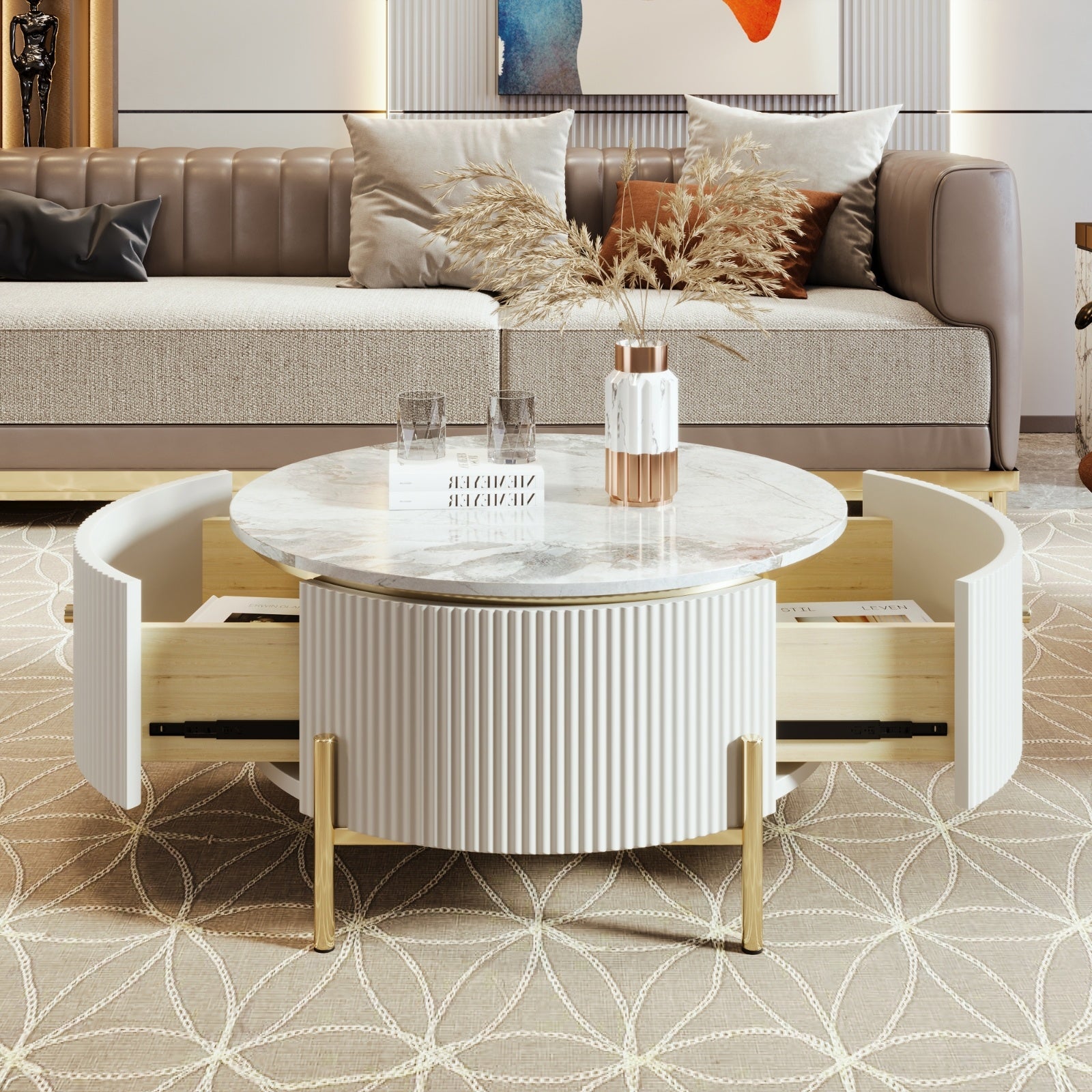 Modern Round Coffee Table With 2 Large Drawers Storage Accent Table  31.5 CJDropshipping