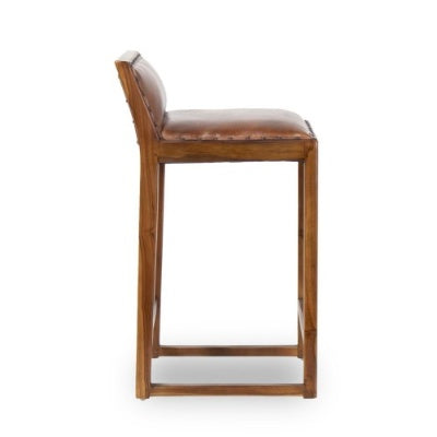 Gavin Mid-Century Modern 25'' Solid Wood Genuine Leather Counter Stool In Tan 31-Inch