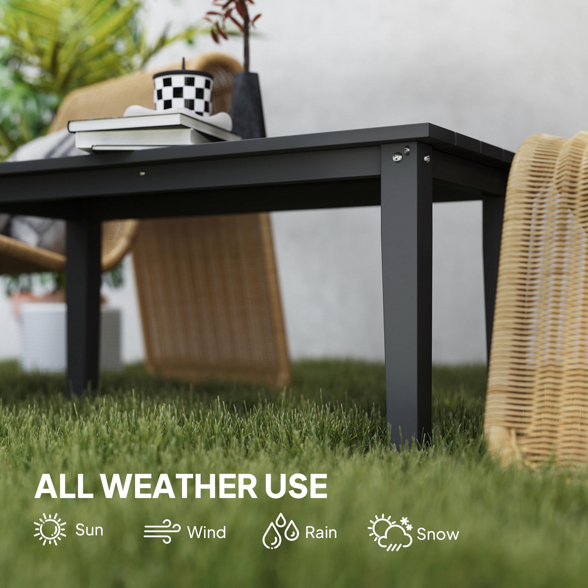 Rectangle Outdoor Coffee Table, HDPE All-Weather Outdoor Patio Table With Slatted Tabletop For Yard, Balcony, Black CJDropshipping