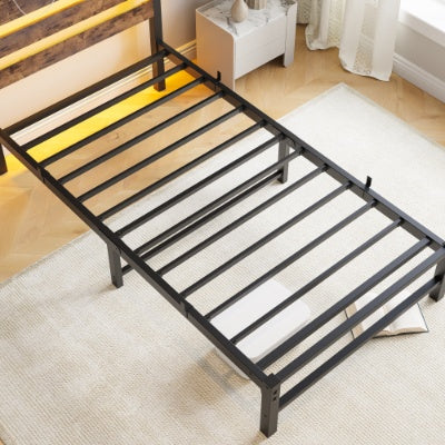 Twin Size Bed Frame Heavy Duty Platform Bed Frame With Headboard, USB Charging Station, LED Bed, No Box Spring Needed, Mattress Foundation, Strong Steel Slats, Noise Free, Brown CJDropshipping