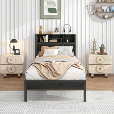 Twin Size Bed Frame With Storage Headboard, Metal Platform Bed With Charging Station, Bookcase Storage, No Box Spring Needed, Easy Assembly, Black