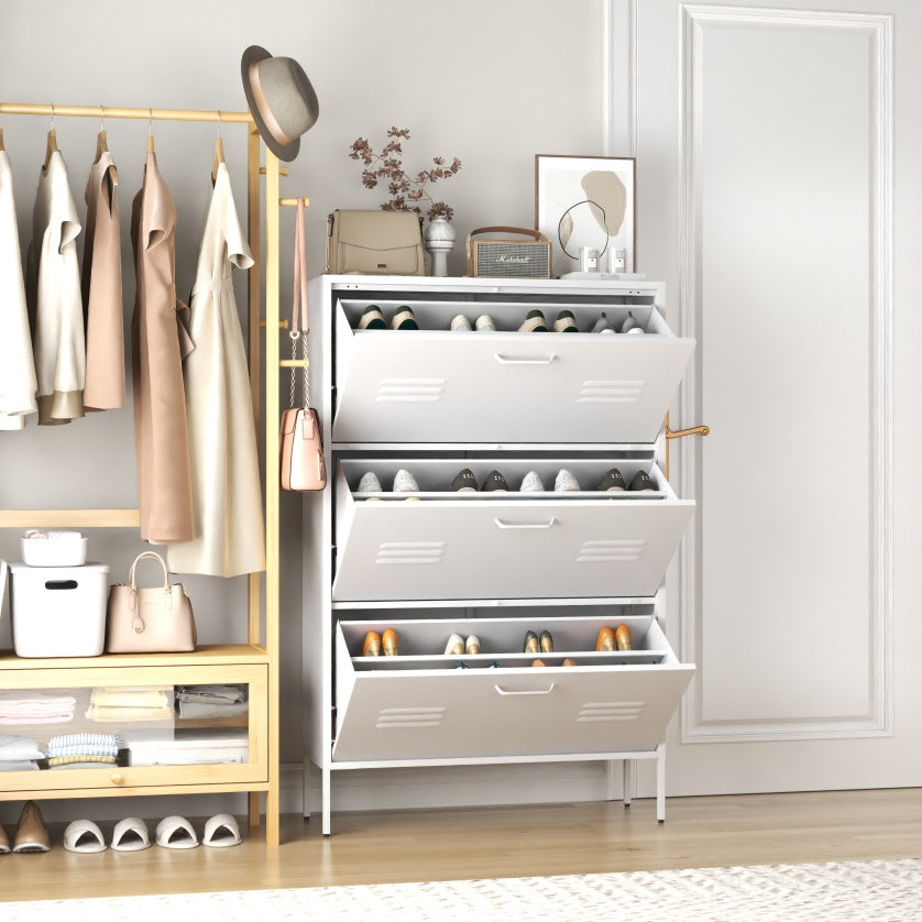 Shoe Storage Cabinet With 3 Flip Drawers, Freestanding Shoe Cabinet Organizer With Metal  Frame For Entryway, Hallway, Foyer, White