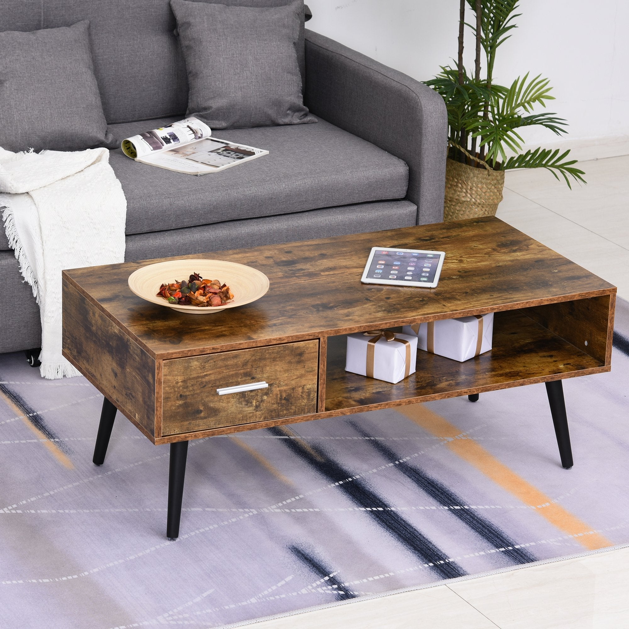 HOMCOM Retro Coffee Table with Storage Shelf and Drawer for Living Taupe Shadow