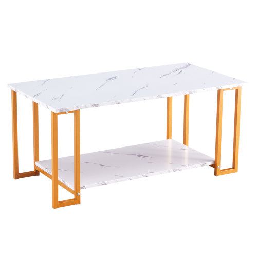 D&N Coffee Table, 2 Layers 1.5cm Thick Marble MDF Rectangle 39.37  L Tabletop Iron Coffee Table , Dining Room, Coffee Shop, Resterant, White Top, Gold Leg CJDropshipping