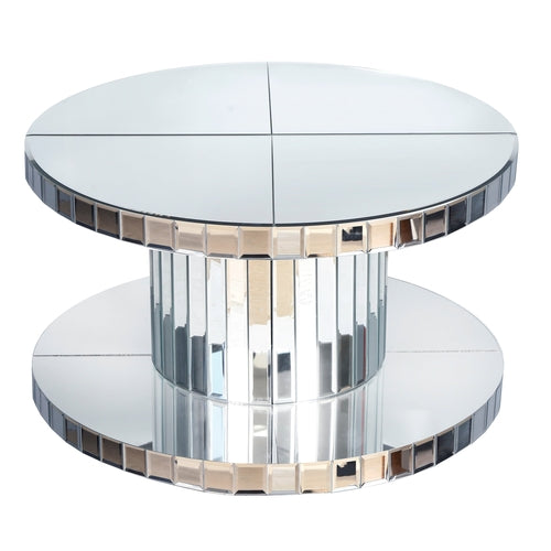 Luxury Double-Tier Round Mirror Coffee & End Table with Fluted Glass -
