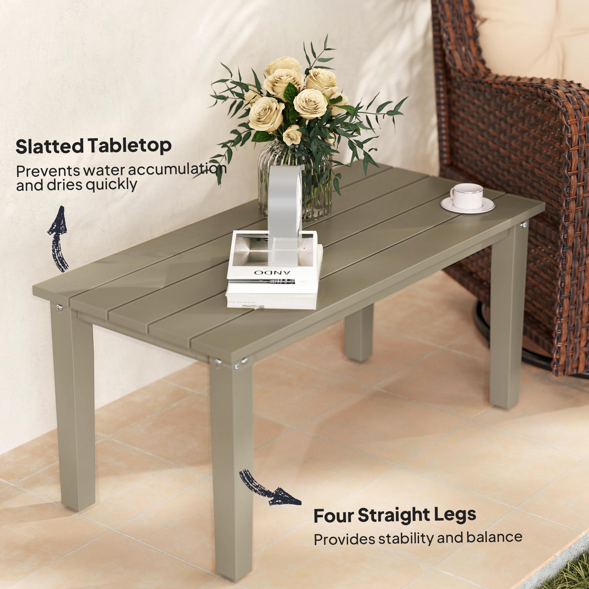 Rectangle Outdoor Coffee Table, HDPE All-Weather Outdoor Patio Table With Slatted Tabletop For Yard, Balcony, Brown CJDropshipping