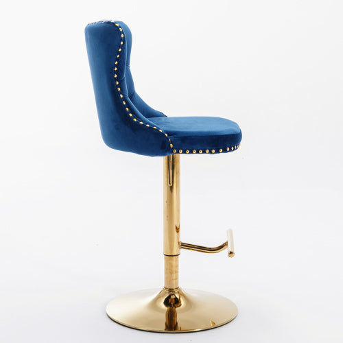 Golden Swivel Velvet Barstools Adjusatble Seat Height From 25-33 Inch Blue,Set Of 2