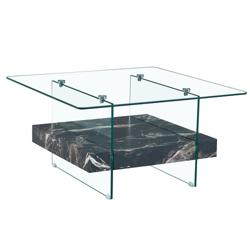Modern Two-Tier Square Coffee Table - Elegant Clear Glass and Black Sangria Beech