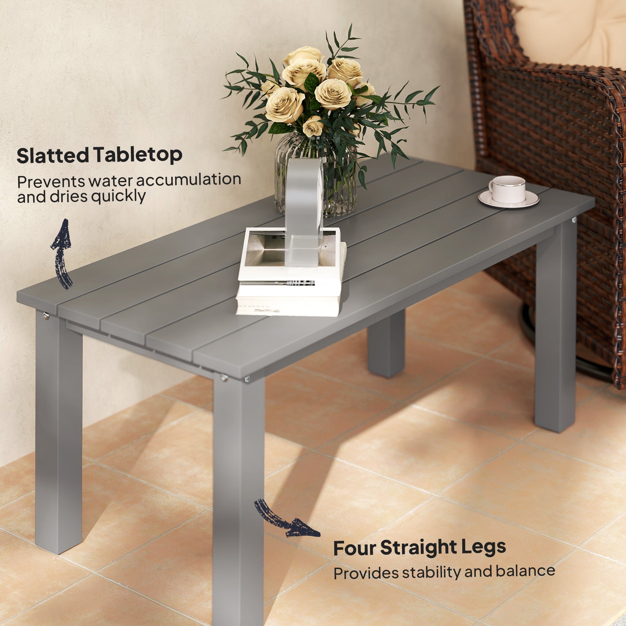 Rectangle Outdoor Coffee Table, HDPE All-Weather Outdoor Patio Table With Slatted Tabletop For Yard, Balcony, Gray CJDropshipping