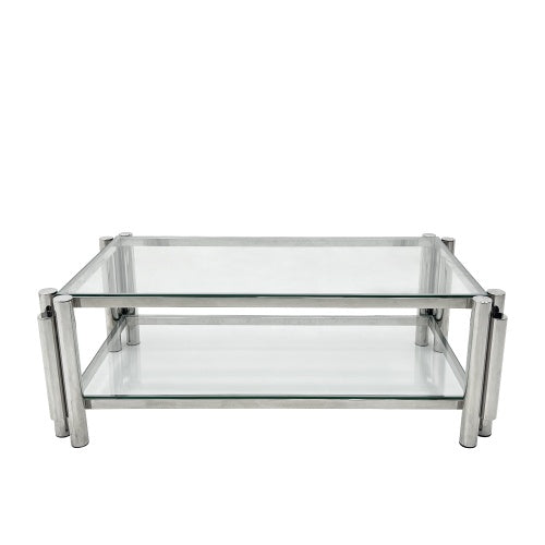 Modern Stainless Steel Coffee Table Set Set Of 3, Double-Layer Clear Tempered Glass Table Top, Coffee Table  Two End Side Table 3-Pieces Sets For Living Room Home Office CJDropshipping