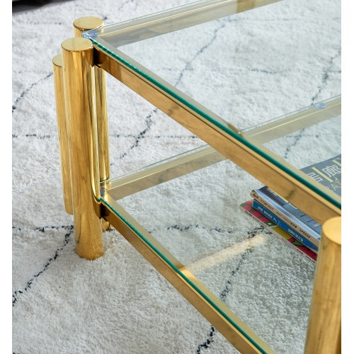 Modern Stainless Steel Coffee Table Set  Set Of 2, Double-Layer Clear Tempered Glass Table Top, Coffee Table  End Side Table 2-Pieces Sets For Living Room Home Office CJDropshipping