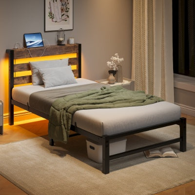 Twin Size Bed Frame Heavy Duty Platform Bed Frame With Headboard, USB Charging Station, LED Bed, No Box Spring Needed, Mattress Foundation, Strong Steel Slats, Noise Free, Brown