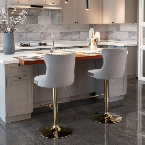 Golden Swivel Velvet Barstools Adjusatble Seat Height From 25-33 Inch Gray,Set Of 2