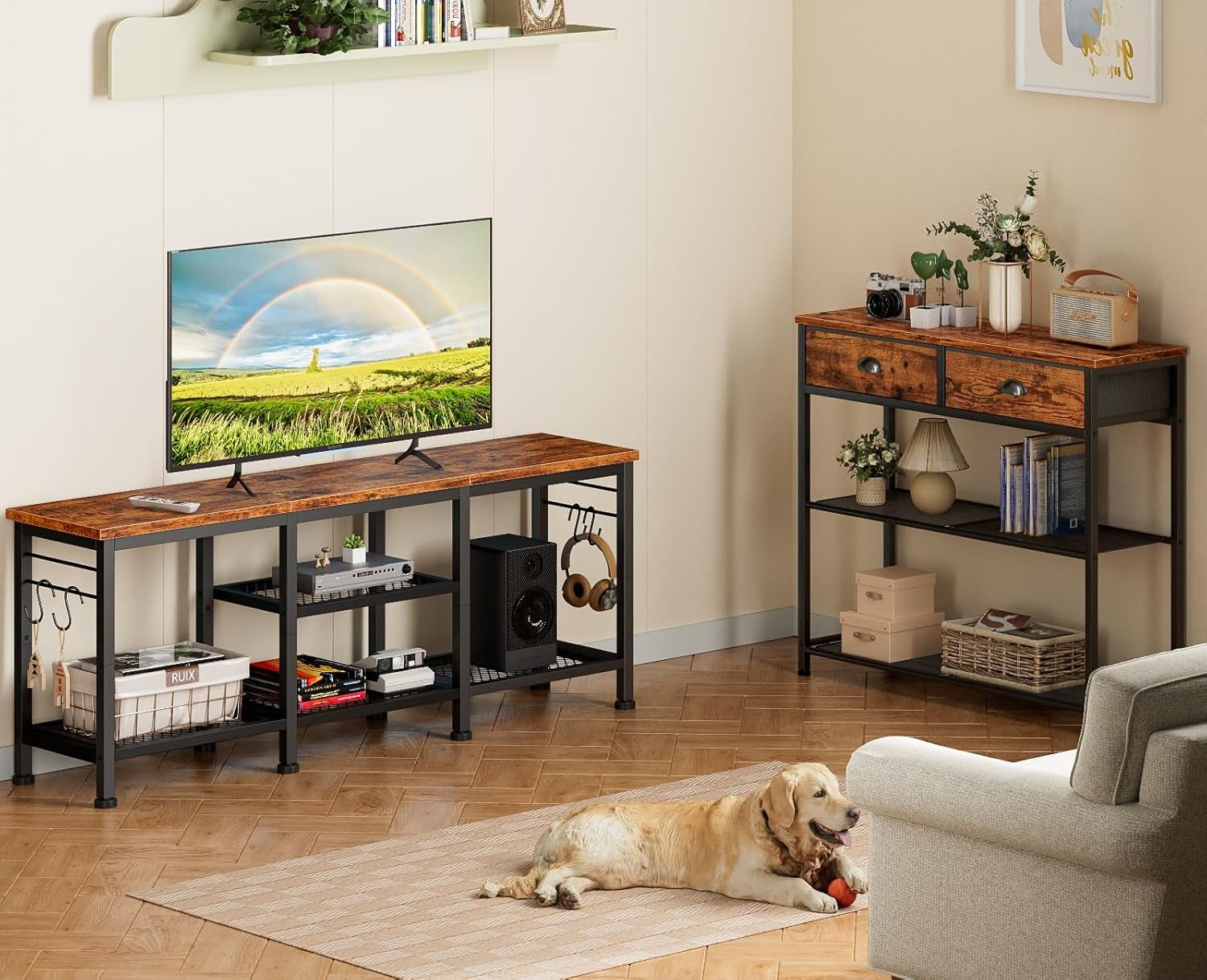 TV Stand for Tvs up to 55 Inch, Entertainment Center with Open Storage Peach Maple