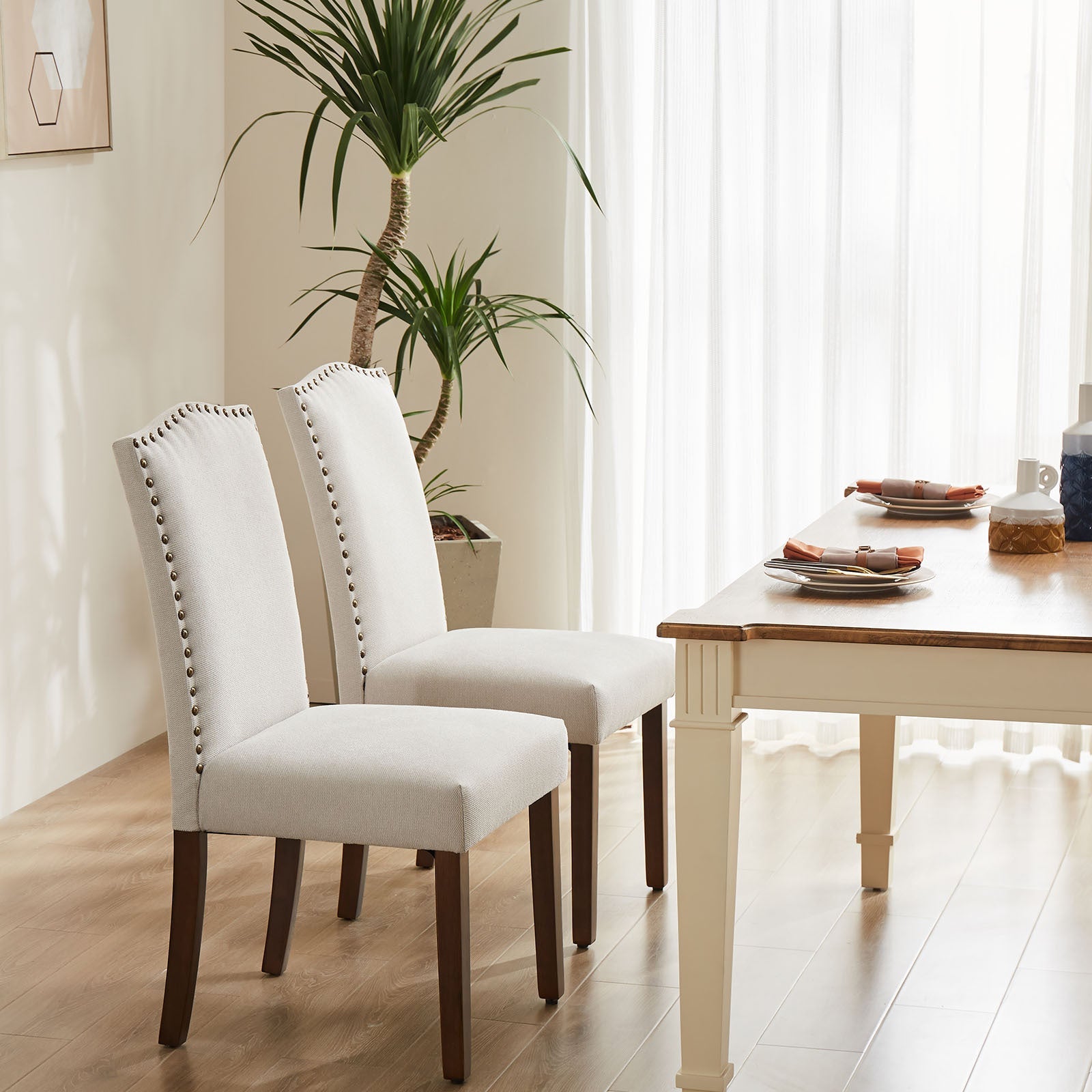 Modern Armless Dining Chairs With Upholstered Fabric,Nailhead Trim And Wood Legs CJDropshipping