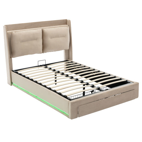 Upholstered Bed, 150x200 5ft King Size Bed, Hydraulic Bed, 2-in-1 Storage Drawers At The End Of The Bed, Recessed LED Light Strips On Both Sides Of The Bed, Slatted Frame, Velvet,Dark Gray