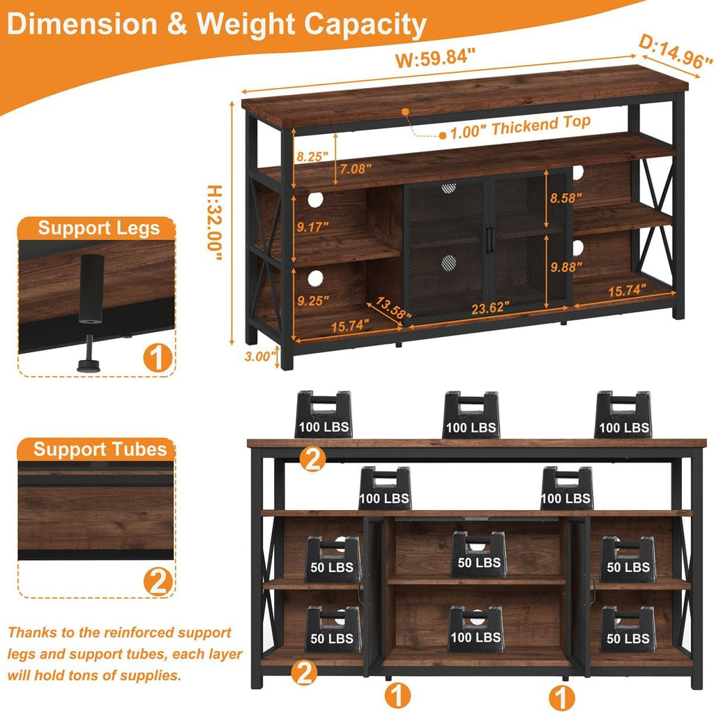 Tall TV Stand for Tvs up to 65 Inch, Industrial Wood Entertainment Peach Maple