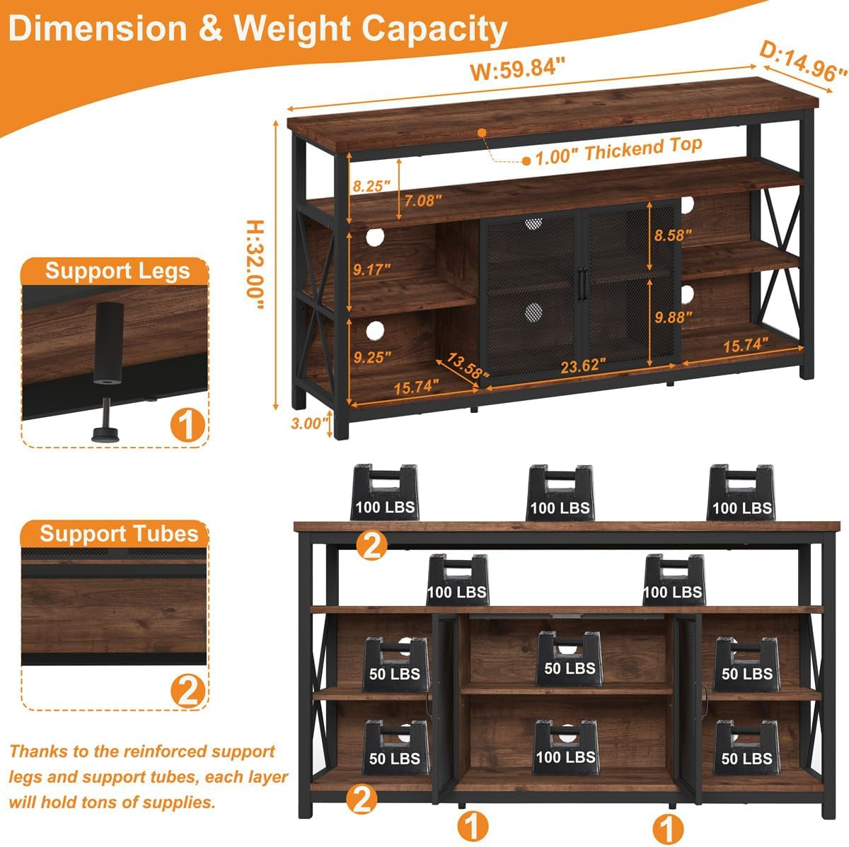 Tall TV Stand for Tvs up to 65 Inch, Industrial Wood Entertainment Peach Maple