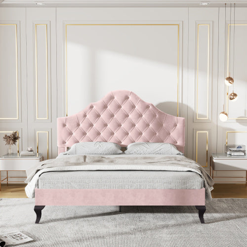 Upholstered Bed With Slatted Frame And Headboard, 4ft6 Double Bed,135x190,Upholstered Bed With Height-adjustable Headboard, Youth Bed, Wooden Slat Support, Easy Assembly, Velvet, Pink