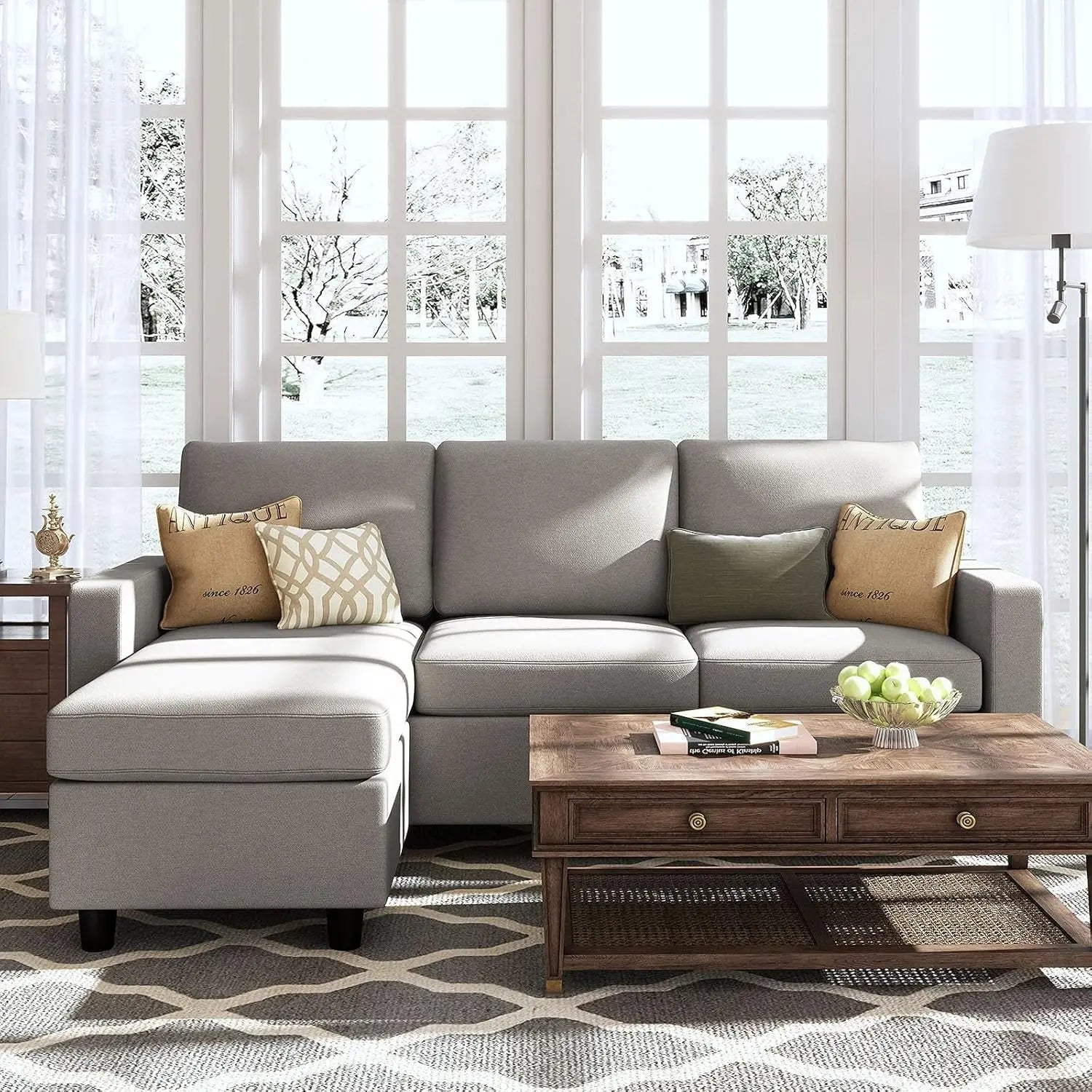 Light Grey Linen Convertible L-Shaped Sectional Sofa Peach Maple