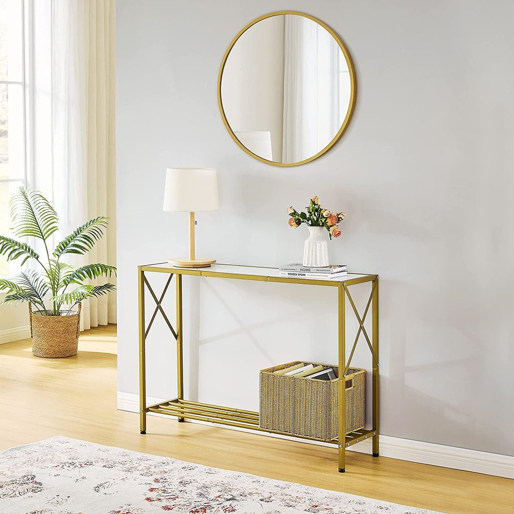 Gold and White Narrow Console Table with Shelves Peach Maple
