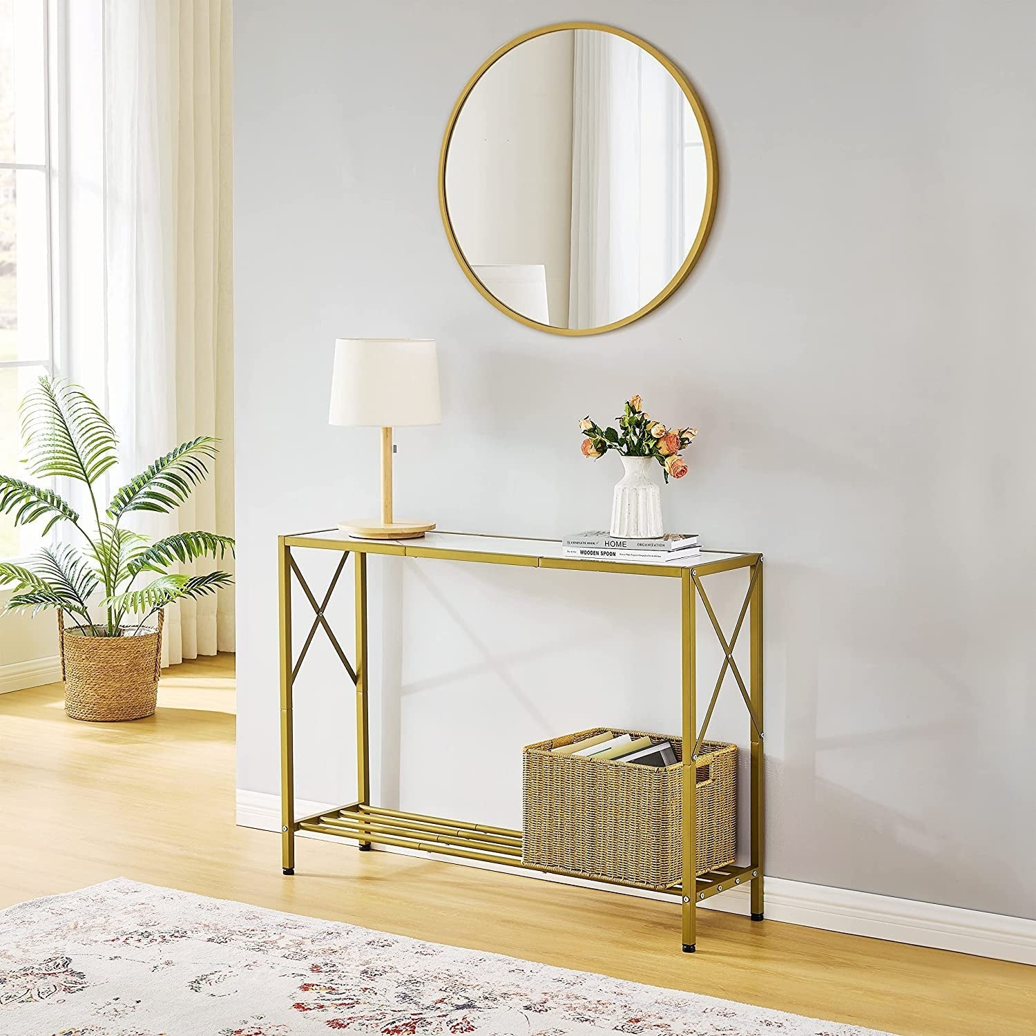 Gold and White Narrow Console Table with Shelves Peach Maple