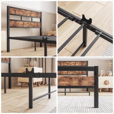 Twin Size Platform Bed Frame With Rustic Vintage Wood Headboard, Strong Metal Slats Support, No Box Spring Needed