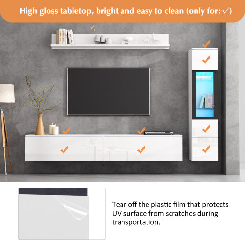 Set Of 3 TV Wall Unit, LED TV Stand, High Gloss TV Cabinet, White Living Room Furniture Sets Frontal Wall Unit, 1 X TV Cabinet, 1 X Living Room Display Cabinet, 1 X Hanging Shelf