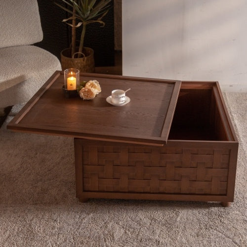 Farmhouse Coffee Table With Storage, Large Square Coffee Table For Living Room, Brown CJDropshipping