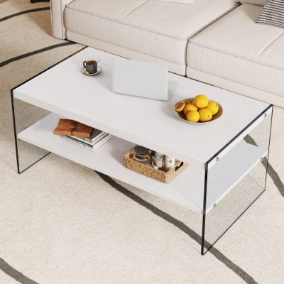 Double Rectangular Coffee Table. The Board Surface Is MDF, With White Stickers, And Both Sides Are Transparent Tempered Glass. Suitable For Living Room, Bedroom And Other Occasions CJDropshipping