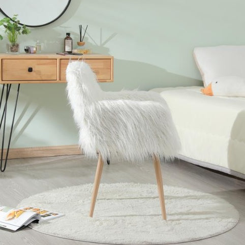 White Faux Fur Upholstered Make-up Chair With Side Dining Chair With Metal Legs