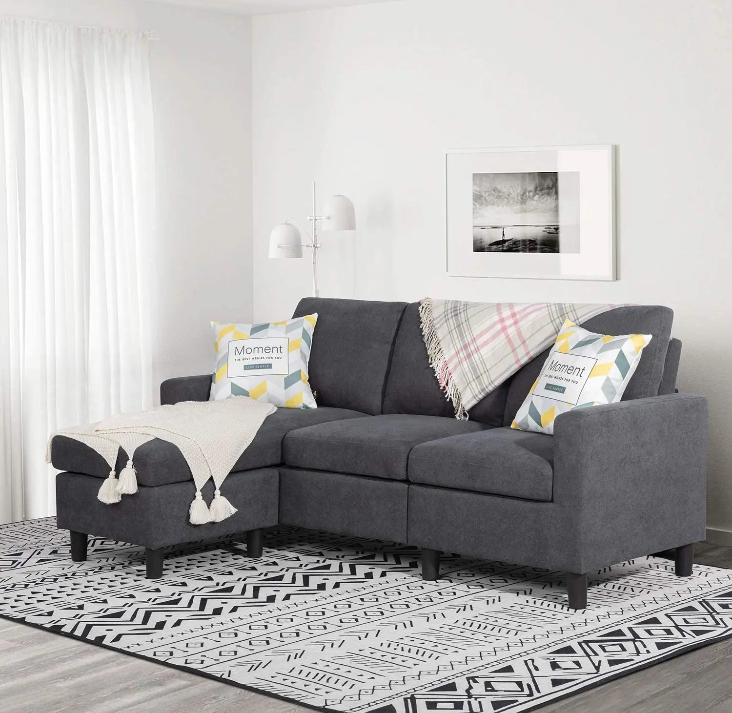 Linen L-Shaped Sectional Sofa Peach Maple