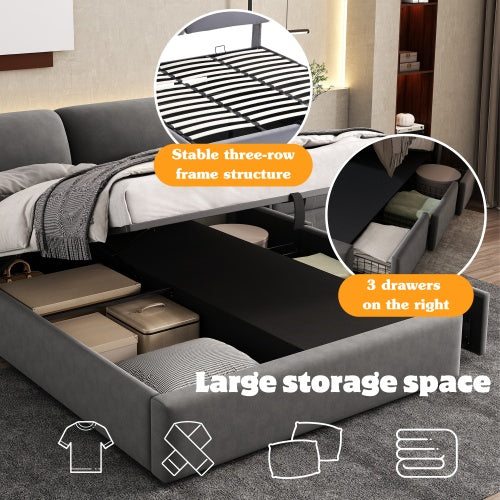 Upholstered Bed,King Size Bed-5ftm  150x200cm, Hydraulic Bed, Three Drawers, Bed Box For Storage, Slatted Frame With Headboard, Without Mattress, Velvet, Grey