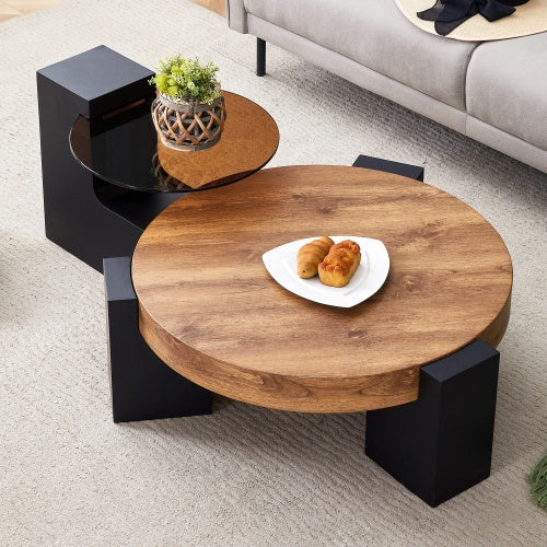 Modern Simple Double-Layer Round Coffee Table - Transparent Gray Glass Top With Black MDF L-Shaped Legs.The Detachable Design Can Make The Use Of Space More Flexible CJDropshipping