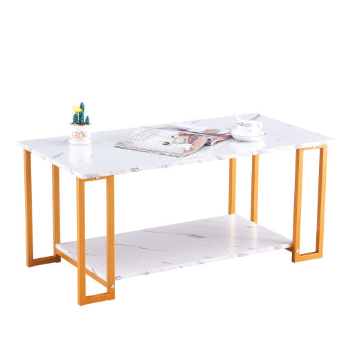 D&N Coffee Table, 2 Layers 1.5cm Thick Marble MDF Rectangle 39.37  L Tabletop Iron Coffee Table , Dining Room, Coffee Shop, Resterant, White Top, Gold Leg CJDropshipping
