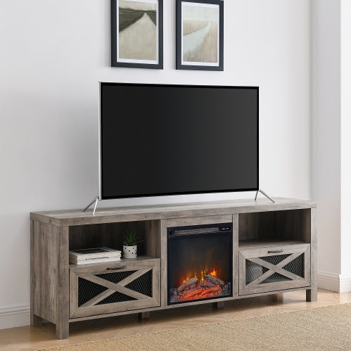 Industrial Farmhouse Metal Mesh Drop-Down X-Door Fireplace TV Stand CJDropshipping