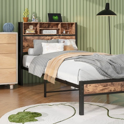 Twin Size Bed Frame With Storage Headboard, Metal Platform Bed With Charging Station, Bookcase Storage, No Box Spring Needed, Easy Assembly