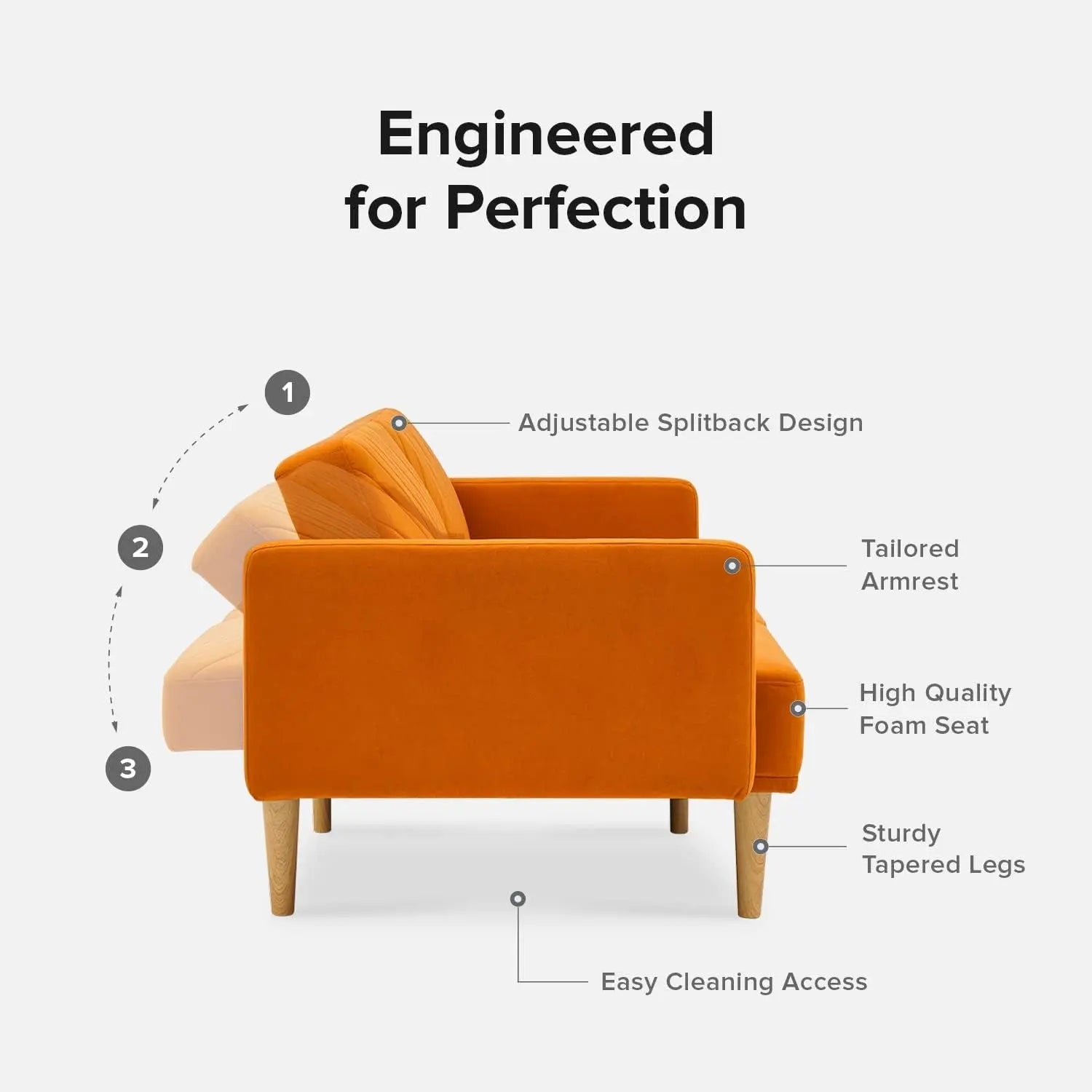 Chloe Futon Sofa Bed with Tapered Legs Peach Maple