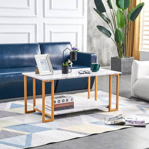 D&N Coffee Table, 2 Layers 1.5cm Thick Marble MDF Rectangle 39.37  L Tabletop Iron Coffee Table , Dining Room, Coffee Shop, Resterant, White Top, Gold Leg CJDropshipping