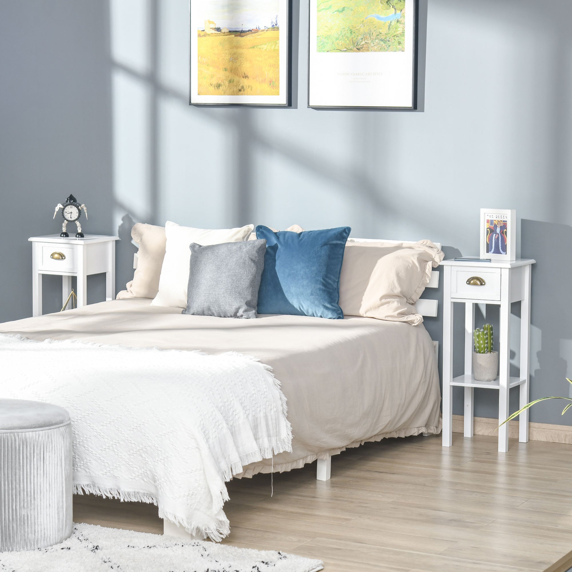 HOMCOM 2 Tier Side Table, Set of 2, Narrow Tall End Table with Drawer Taupe Shadow