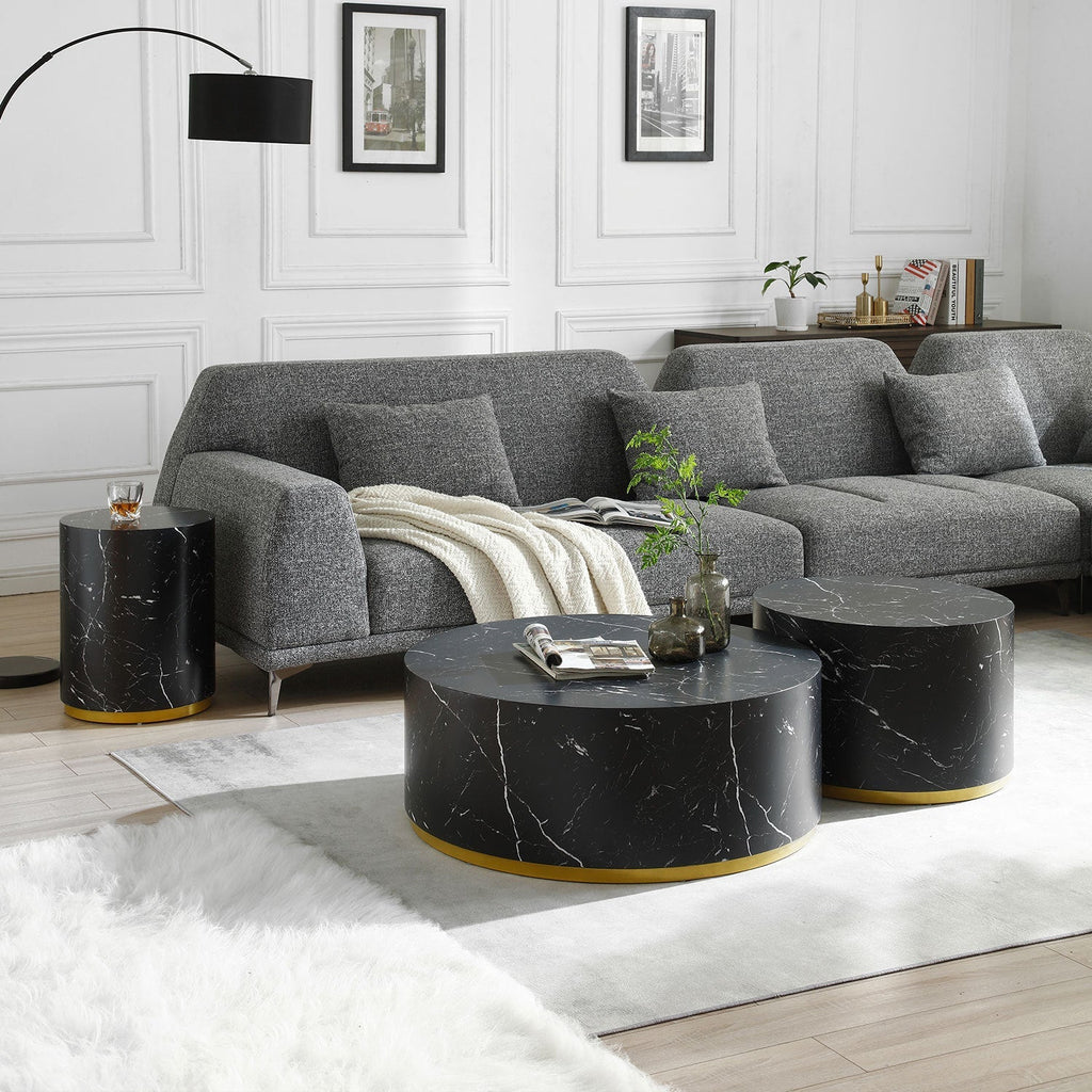 Set of 3 Black Marble Pattern  Round Coffee Table side Table End Table Olive Phaedra