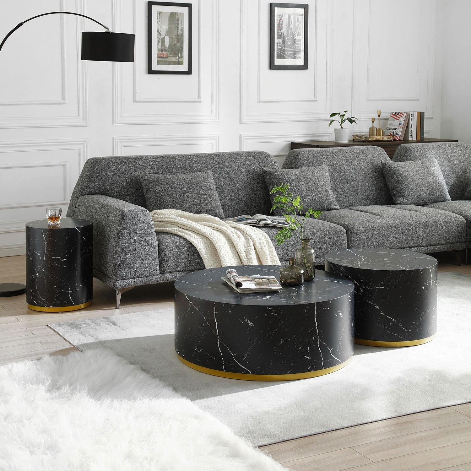 Set of 3 Black Marble Pattern  Round Coffee Table side Table End Table Olive Phaedra