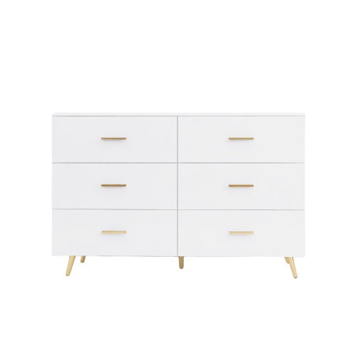 High Glossy Surface 6 Drawers Chest Of Drawer With Golden Handle And Golden Steel Legs White Color Vanity
