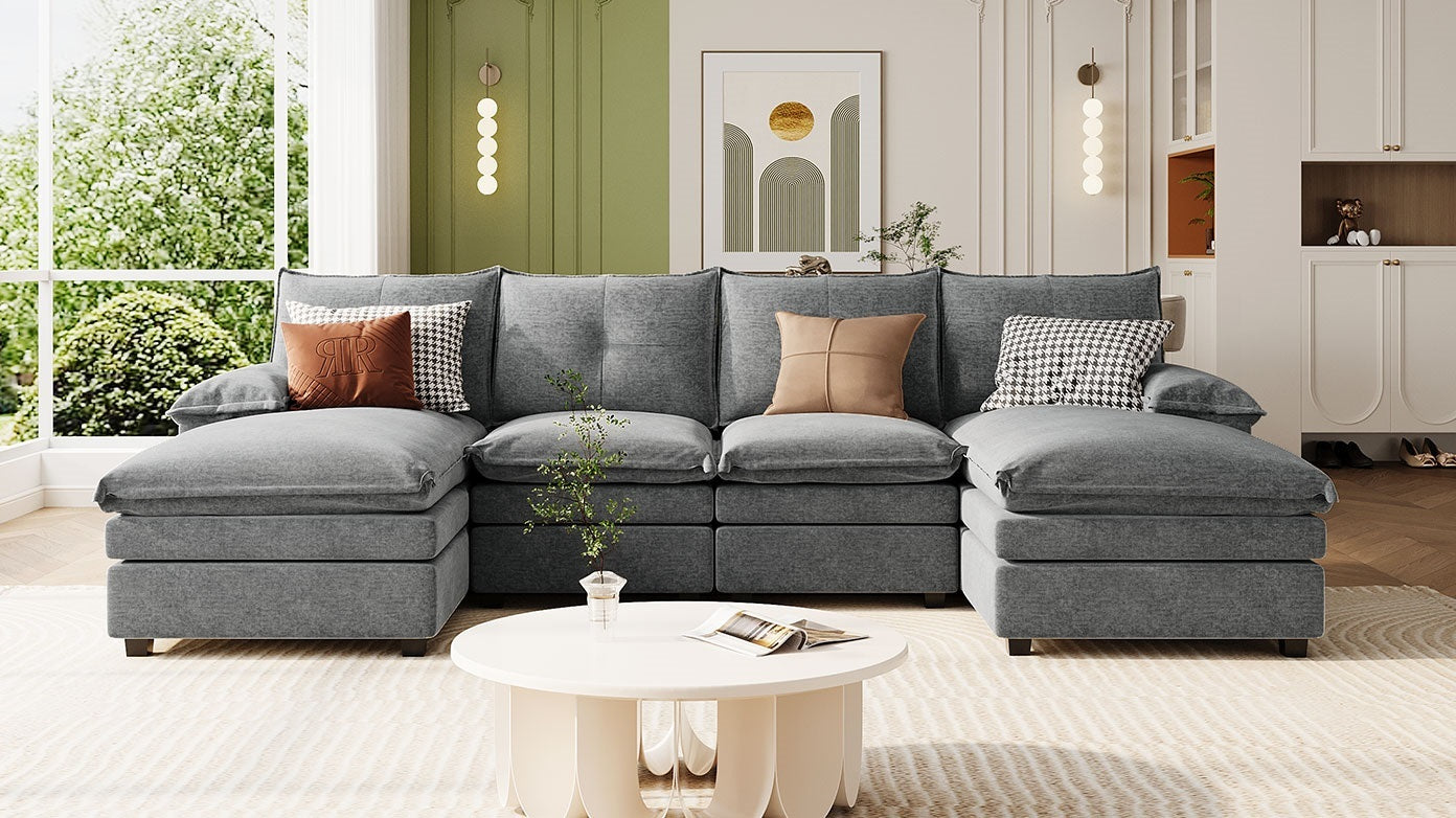 U-Shaped Chenille Sectional Sofa with Adjustable Armrest Pillows -
