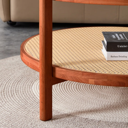 Modern Minimalist Circular Double Layer Solid Wood Coffee Table  Craft Glass Tabletop Second Layer Material PE Rattan, Solid Wood Frame 34.6 X34.6x 17.7