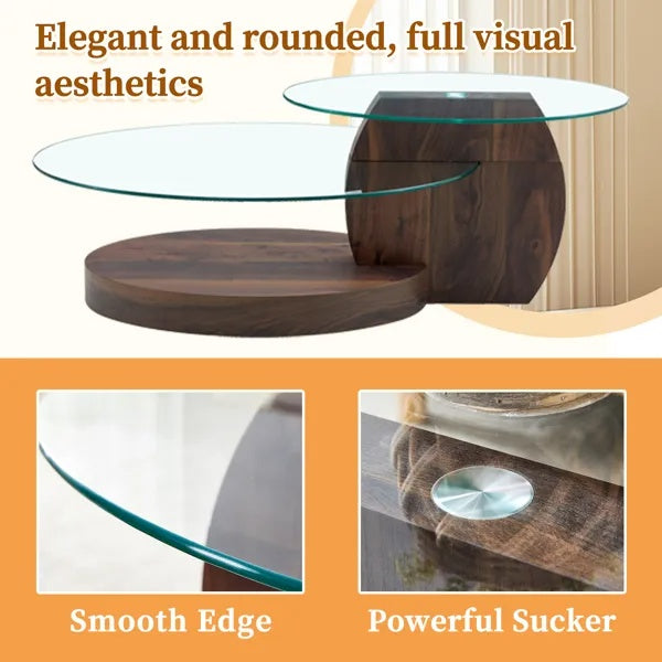Modern Walnut Grain Double Layer Coffee Table - Versatile Design, Multiple Colors Available.Density Board Sticker,Reinforced Glass,Oval Countertop.