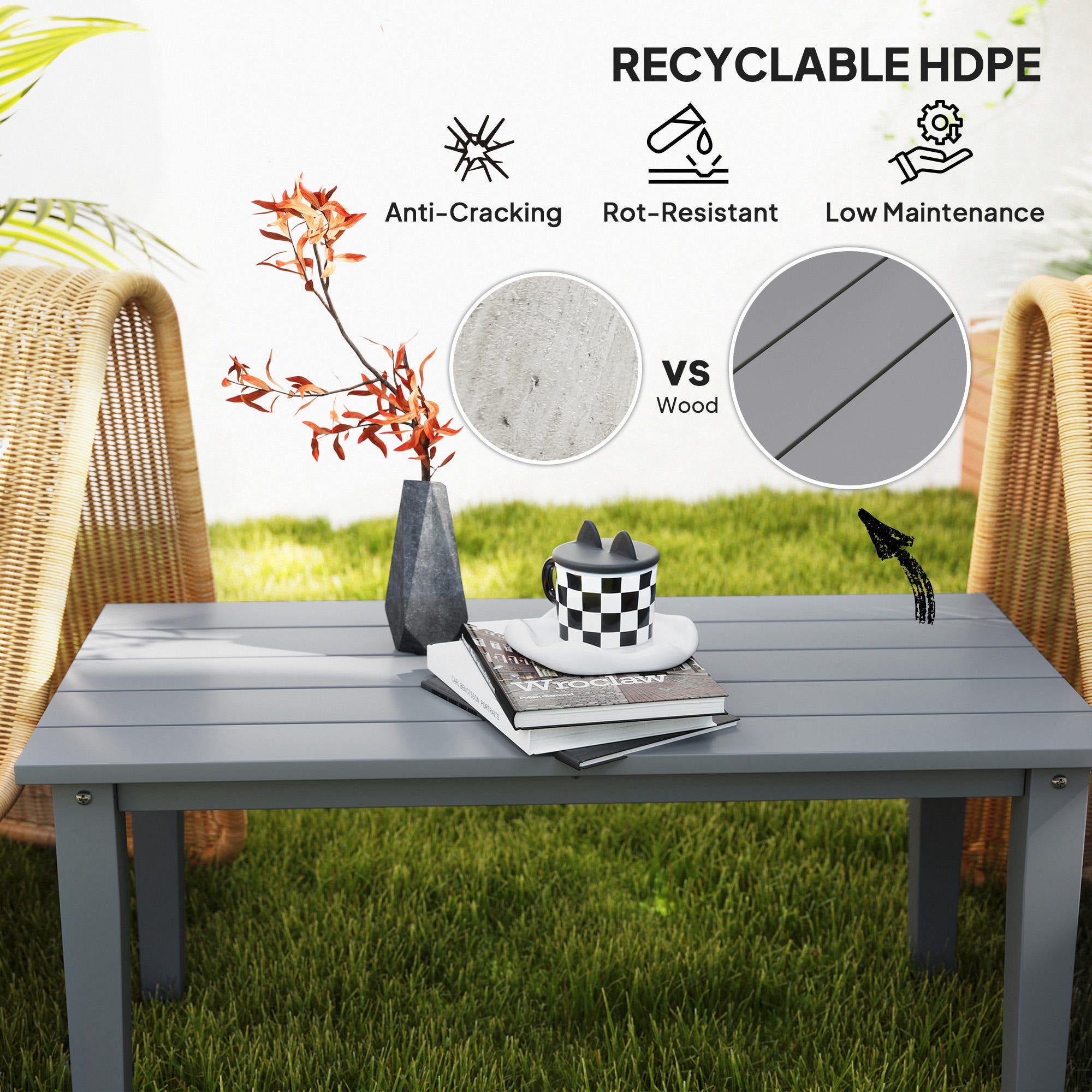Rectangle Outdoor Coffee Table, HDPE All-Weather Outdoor Patio Table With Slatted Tabletop For Yard, Balcony, Gray CJDropshipping