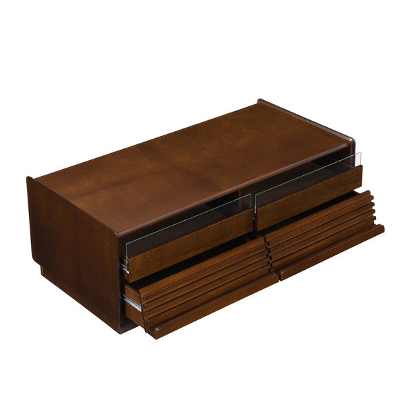 U-Can Modern Rectangle Coffee Table With 4 Drawers And 2 Display Shelves,  Wood Coffee Table With Fluted Style, Tempered Glass For Living Room CJDropshipping